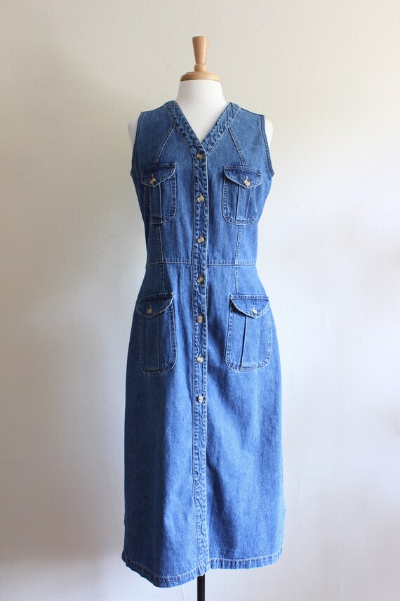 Vintage 1990s Button Front Belted Denim Dress - image 3