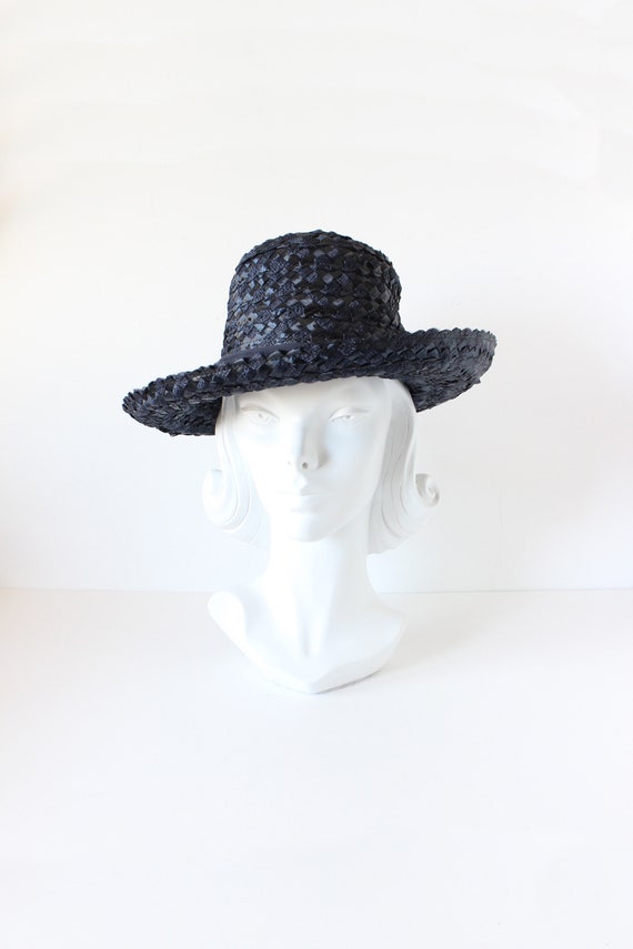 Vintage 1960s Navy Blue Woven Raffia Wide Brim Hat
