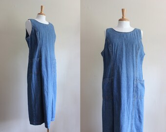 Vintage 1990s Princess Seam Denim Midi Dress with Pockets