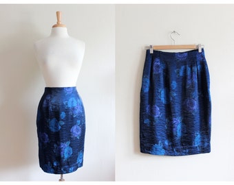 Vintage Counterparts White Black and Blue Print Midi Skirt
