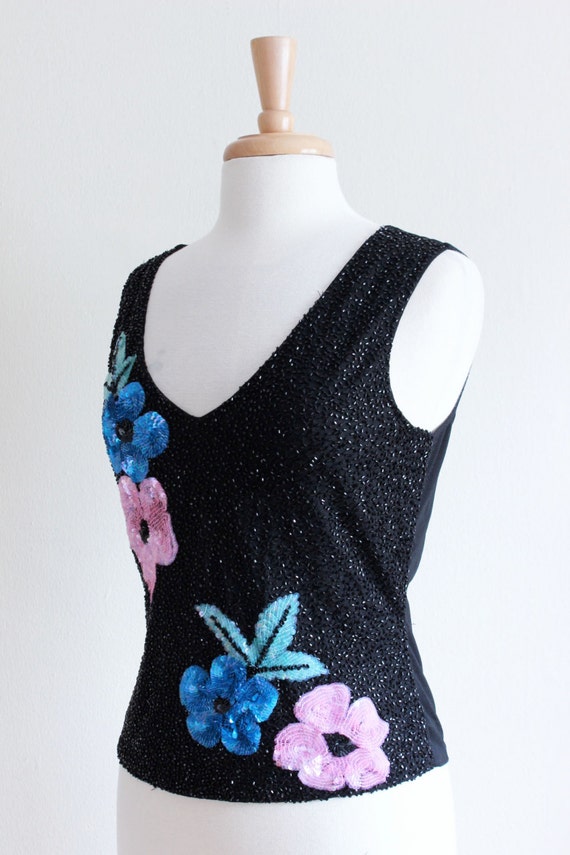 Vintage 1990s Cache Black Floral Beaded Top - image 4