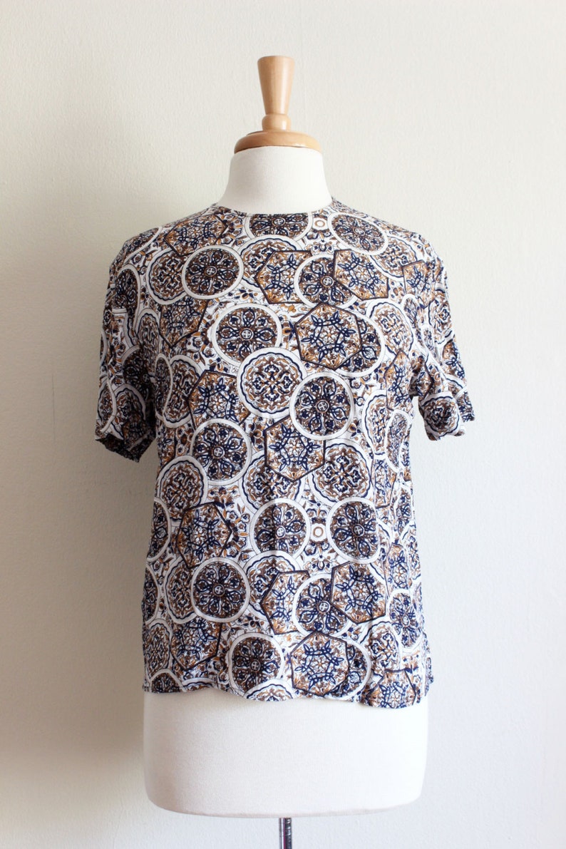 Brown Mandala Print Short Sleeve Top Vintage Navy White