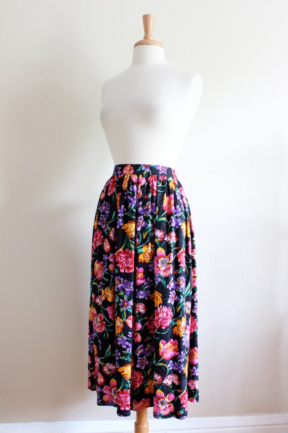 Vintage Black & Multicolor Floral 100% Silk Midi … - image 6