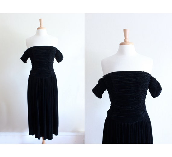Vintage Off the Shoulder Black Velvet Midi Dress