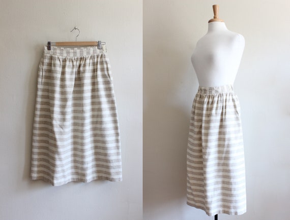 Vintage 1980s Cream & Beige Stripe Midi Skirt - image 1