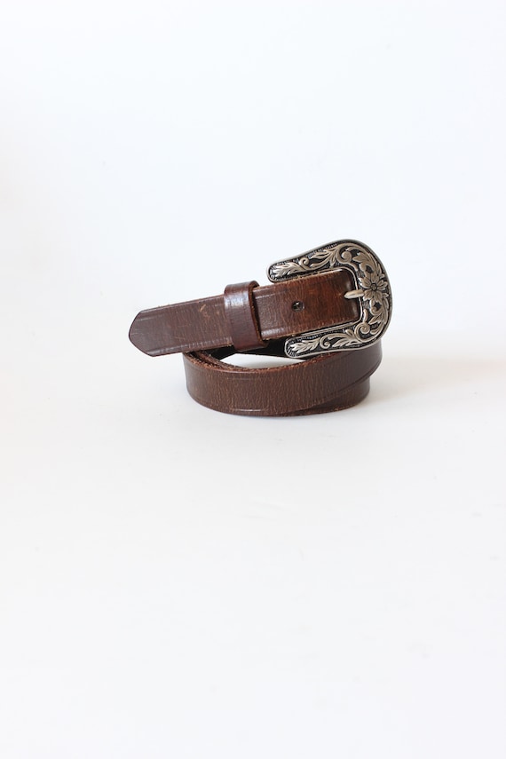 Vintage Brown Leather Distressed Checkerboard Belt Silver Buckle Genuine Leather Vintage Brown Leather Belt With Distressed Silver Buckle  main image 3