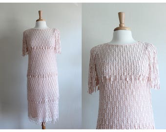 Vintage Tiered Pink Sheer Lace Dress