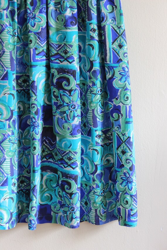 Vintage Green & Blue Print Silk Midi Skirt - image 5