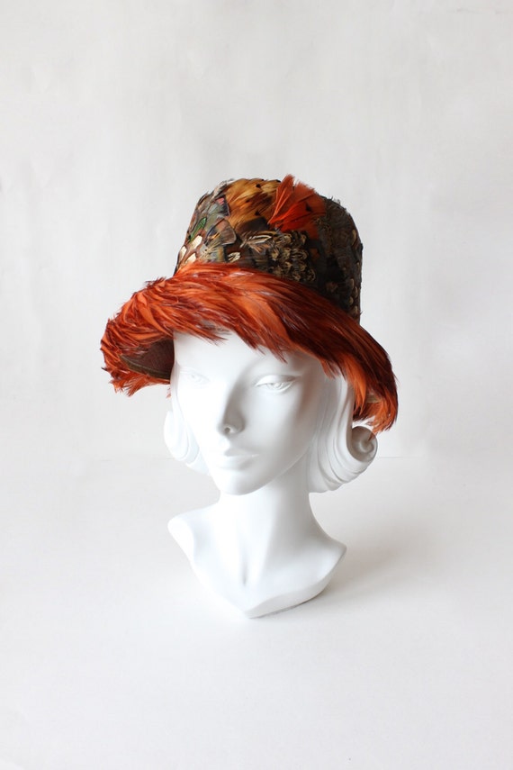1950s Hat / Vintage Rust Pheasant Feather Bucket H