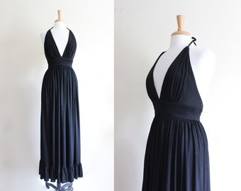 Vintage 1970s Black Jersey Knit Plunging Neckline Maxi Dress