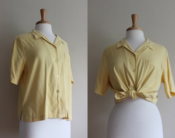 Vintage Short Sleeve Yellow Silk Cotton Button Down Top