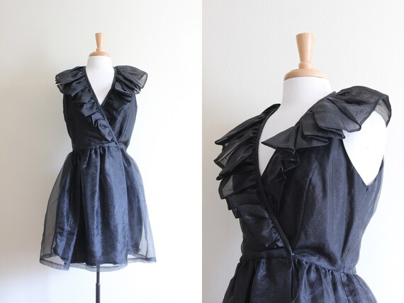 Vintage Night Way Black Organza Ruffle Dress - image 1