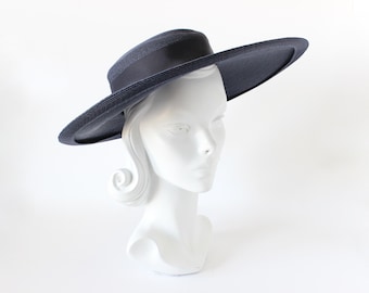 Vintage Navy Blue Woven Wide Brim Tilt Hat