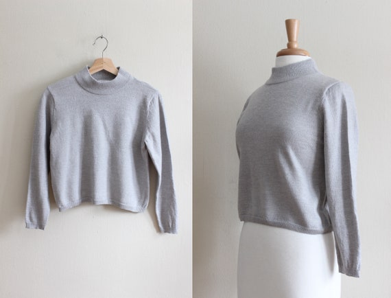 Vintage 1990s Grey Merino Wool Mock Neck Cropped S