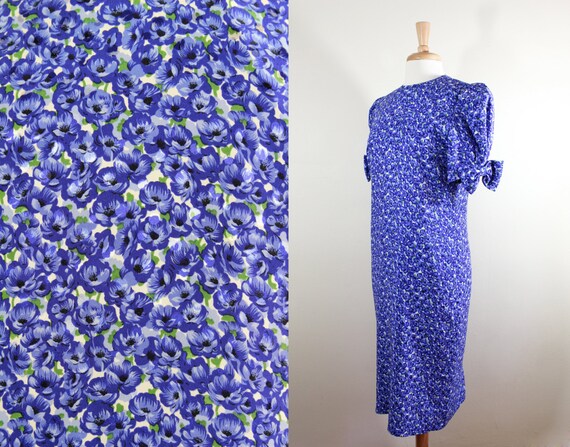 Vintage 1980s Puff Sleeve Blue Floral Silk Dress