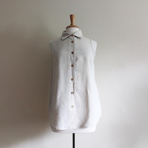 Vintage Sleeveless Beige Linen Blend Button Down Top