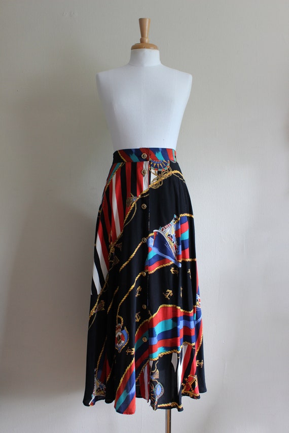 Vintage Black Multicolor Nautical Theme Midi Skirt - image 3