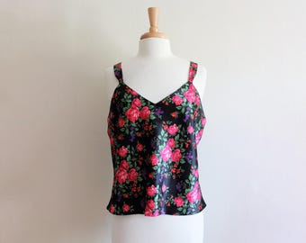 Vintage 1990s Black Floral Satin Camisole Tank Top