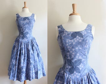 Vintage 1980s Low Back Blue Floral Cotton Midi Dress