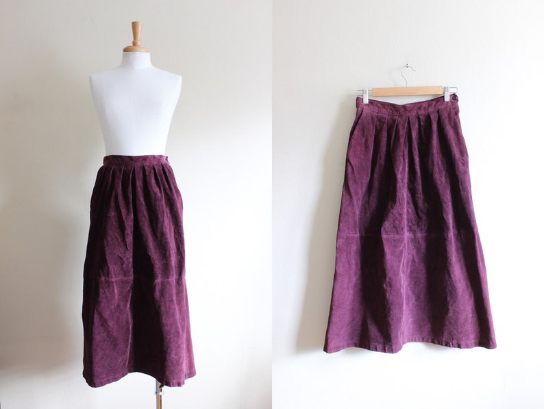 Vintage 1980s Purple Suede Midi Skirt image 1