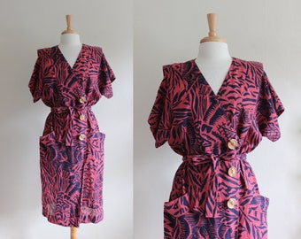 Vintage 1970s California Girl Navy & Pink Print Dress