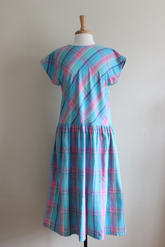 Vintage Teal Plaid India Cotton Drop Waist Dress Vintage Teal Plaid India Cotton Drop Waist Dress