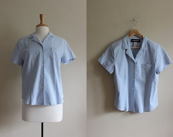 Vintage Pale Blue Gingham Plaid Short Sleeve Top