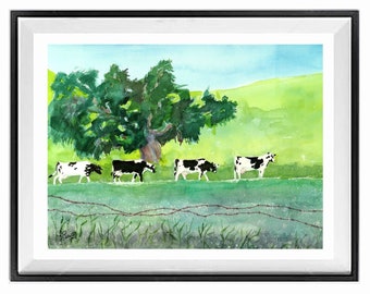 Original cow, Black and white, art watercolor, Farm field illustration, HOME DECOR, Joyful bright, colorful painting, by LaBerge Muren, 5817