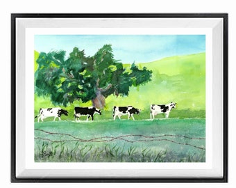 Cow Wall Art Print, Black white cow Landscape, Farmhouse wall print cows, Tree print wall art green,  .