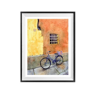 Bike art print bicycle, Orange yelow gray, Window art print, Italy Italian wall art, Orange art print, By LaBerge Muren, 7081 image 1