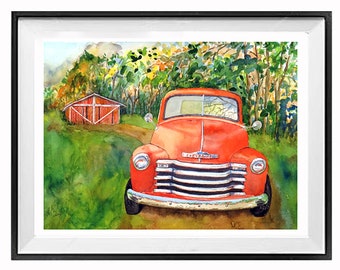 Tennessee TRUCK COUNTRY, watercolor painting, Red Pickup Truck, art print decor, Classical Car, artwork, Framed unframed LaBerge Muren, 1627