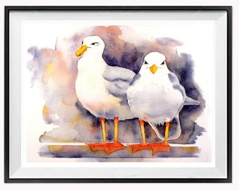 Seagull, beach print, watercolor, illustration, Painting - Bird Art - nature, seashore, coast, nursery, seagull art, by Nancy Muren