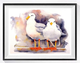 Allways Happy & Hungry Familiar Seagulls, Watercolor SECENE, wall art print decor, SEA GULL Water Bird, Framed or unframed by LaBerge Muren,