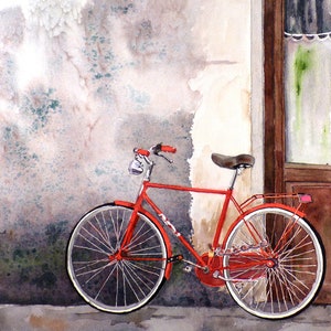 Watercolor Bike art print, Italian Bicycle wall print decor, Colorful Red Bicycle art print, Bright red, Bike Street Wheels, 7188, image 2