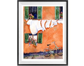 Venice window art decor on a warm summer day, humorous, Art print, Aquarelle laundry aesthetic, Framed or unframed, by LaBerge Muren, 7965