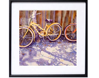 Decoración de pared italiana de bicicleta amarilla, cuadro de valla de bicicleta con acuarela lavanda, impresión de bicicleta pintada en marrón, decoración de bicicleta europea de neumáticos anchos, 7269