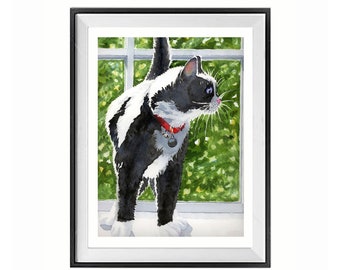 Miss Kitty tuxedo cat painting, Ms Tuxie love cat art print, Missy Tux cat framed or watercolor, House Pet Print, Framed or Unframd, 1170