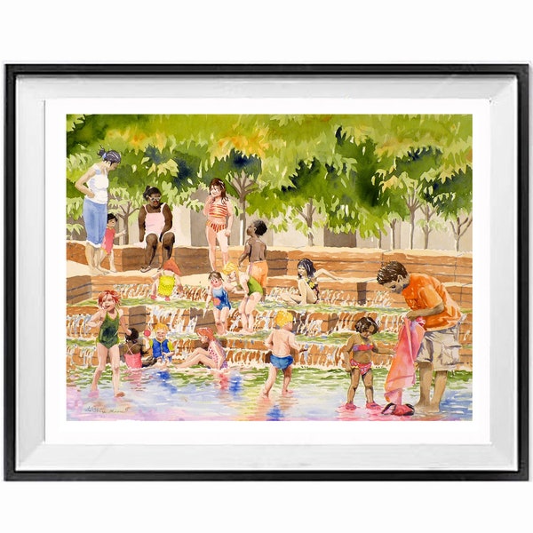 wal decor, Summer Day Fun, art print kid run swim splash & children, in our WATER FOUNTAIN, water painting Framed or not, LaBerge Muren 1170