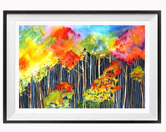 Fall Aspen Tree Forest, painting art print, Autumn Watercolor Forest, poster print decor, LaBerge Muren, 8157