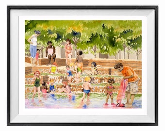 wal decor, Summer Day Fun, art print kid run swim splash & children, in our WATER FOUNTAIN, water painting Framed or not, LaBerge Muren 1170