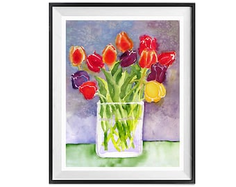 Dark Purple and Red Tulip Floral, wal Art decor, Spring Flower, print, Bouquet of Tulips Bluegrey Green Easter Painting LaBerge Muren, 1930