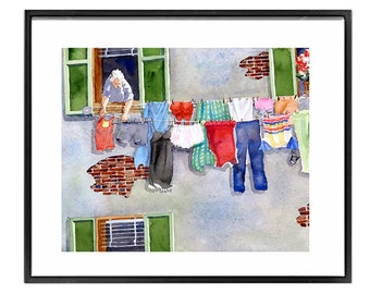window PRİNT DECOR summr day - wal decor Color Sketch Laundry Aesthetic PRINT - Cute Clothline pic Italy Window View -  Framed Unframd,1276