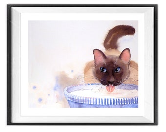 watercolor painting of my SIAMESE CATS & blue milk bowl wal art, white blue wall art pet artwork cat gifts, Framed or not LaBerge Muren 1167