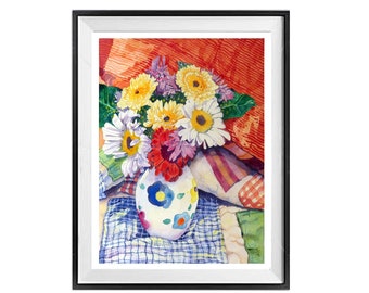 flower still life art FLOWER in white VASE red orange blue yellow patch colorful quilt wall decor giclée, Framed or not, LaBerge Muren, 1618