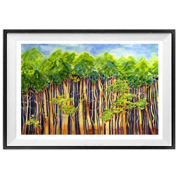 Woody Forest Timbered Heavy Treed woods, wal art print, Watercolor Painting, Cool Aspen Nature Hike, Framed or unframed, LaBerge Muren, 1655