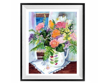 Vase wildflowers bohemian wallart decor zinnias mums ORIGINAL WATERCOLOR boho painting floral flower still 18x14 in, LaBerge Muren, 1371