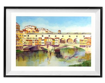 OFF SIZE Sale, Florence Italy Ponte Vecchio, Italian Landscape Poster, Famous Italian bridge, Watercolor print,   .