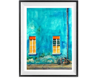 Street art, WINDOW WATERCOLOR wal decor artwok colorful Europea home wall print décor aqua buildng, Frame or print, LaBerge Muren, 803016989