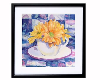 A flower bouquet, Wall art, Decor orange, flower in cup, Purple quilt painting, Yellow daisy purple background, Wal art Gift, LaBerge Muren