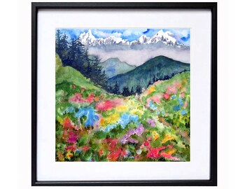 wal decor,Colorado Rocky Mountain ORIGINAL WATERCOLOR Landscape Painting Spring,Mountain Wildflower Senery,by LaBerge Muren,16x16in